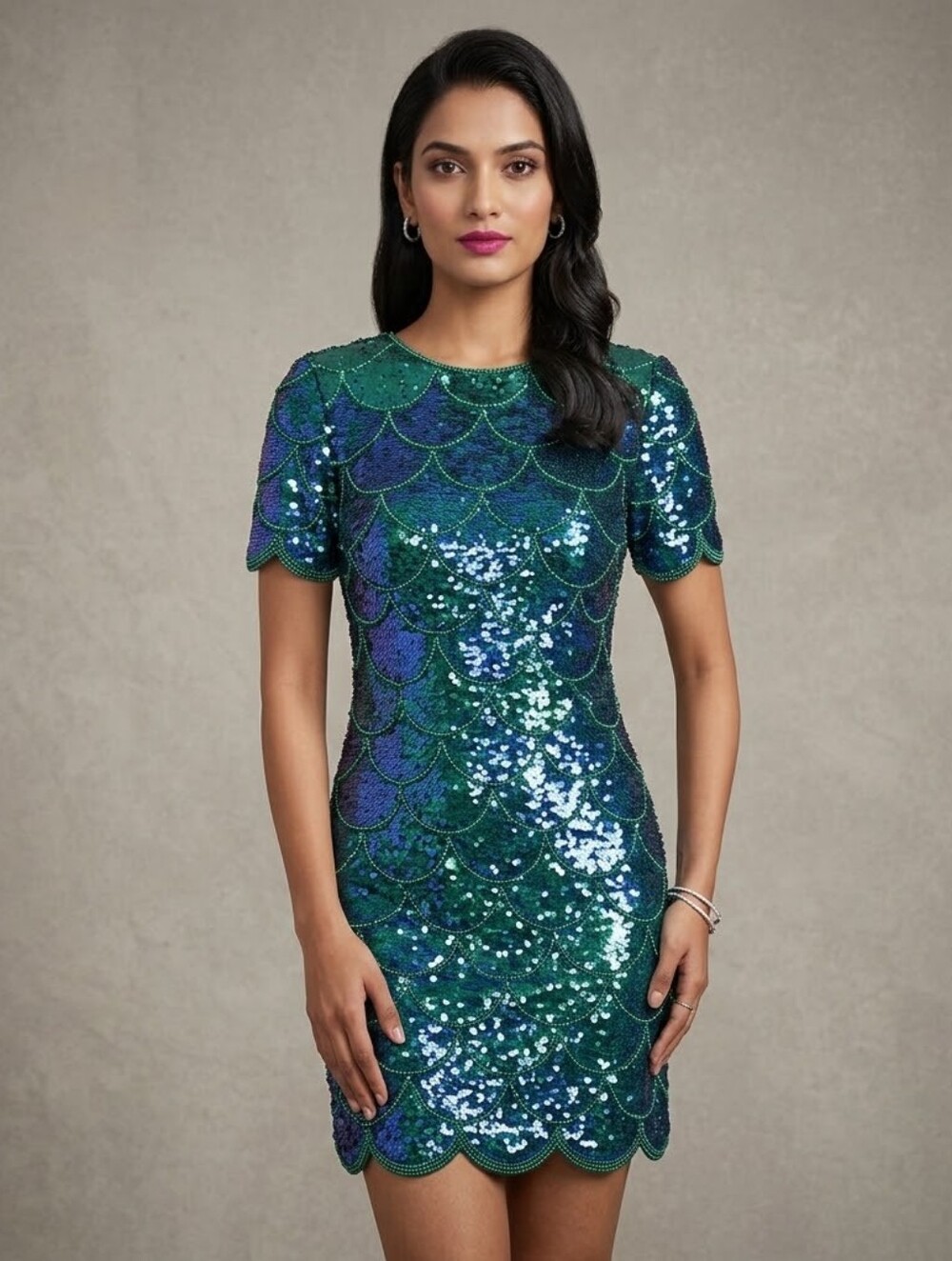 Vintage Sean Collection Mermaid Sequined Mini Dress - Emerald Green & Royal Blue